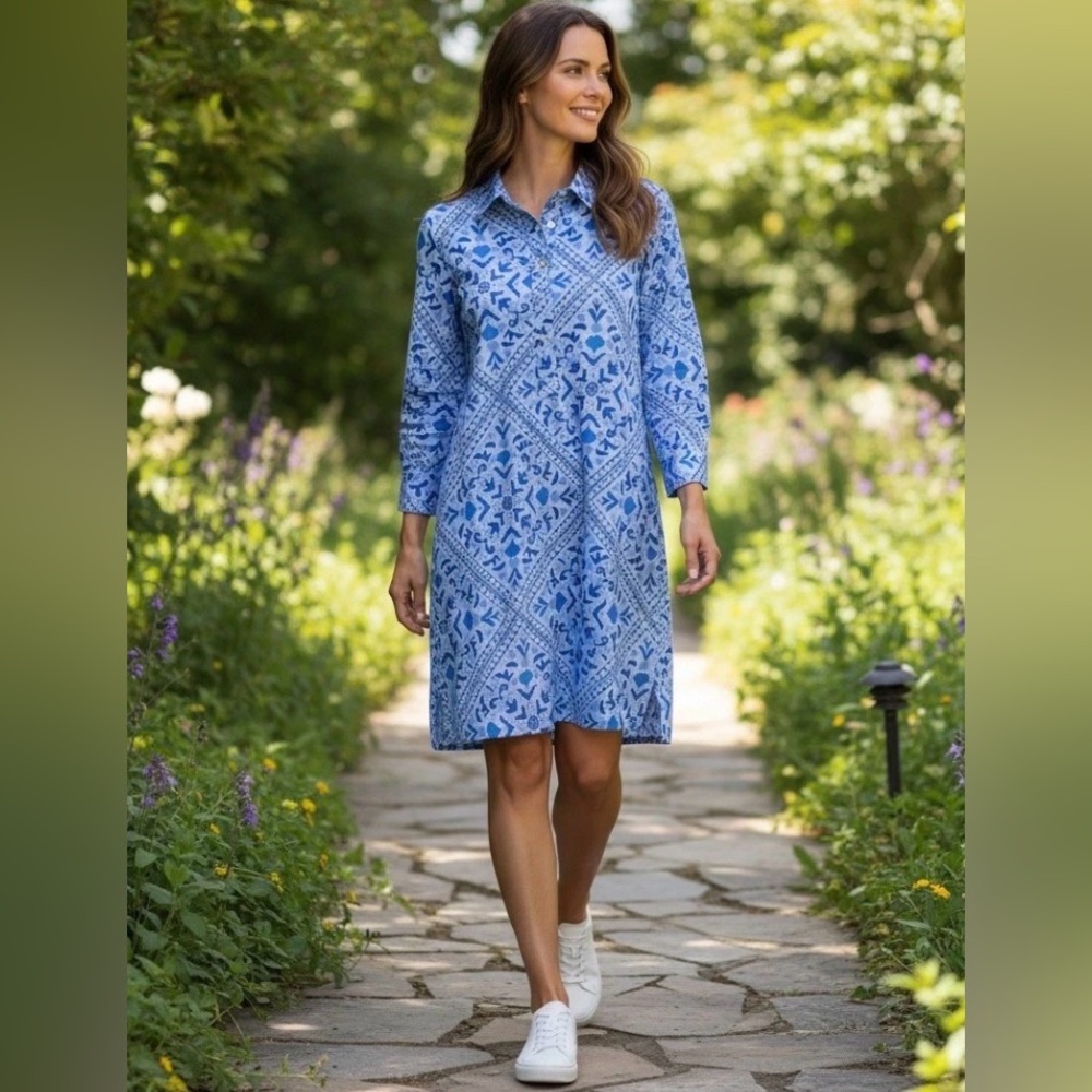 VINEYARD VINES Blue Print Shirt Dress Sz M Sankaty Margo Travel Casual Comfort